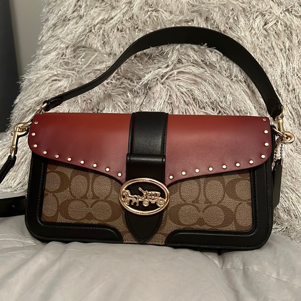 Coach Georgie Shoulder Bag In Colorblock Signature Cavas with Rivets.